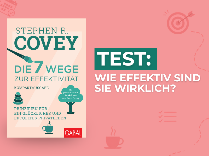 Beitragsbild zum Selbsttest „Wie effektiv sind Sie wirklich?“ mit dem Buchcover „Die 7 Wege zur Effektivität“ von Stephen R. Covey sowie Illustrationen zu Prioritäten, Wochenplanung und Zielorientierung.